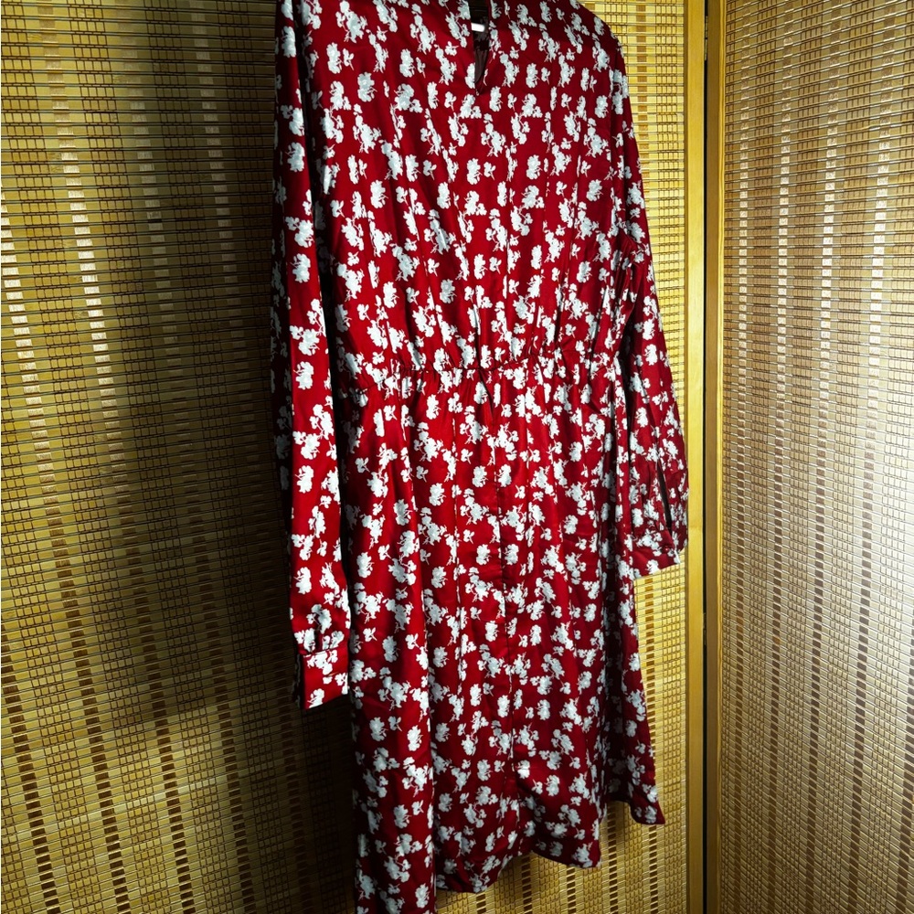 Allegra K Red and White Floral Long Sleeve Dress
